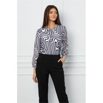 Bluza Manuela alba cu imprimeu bleumarin labirint