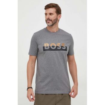 BOSS tricou din bumbac culoarea gri, cu imprimeu