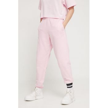 HUGO pantaloni de trening din bumbac culoarea roz, neted