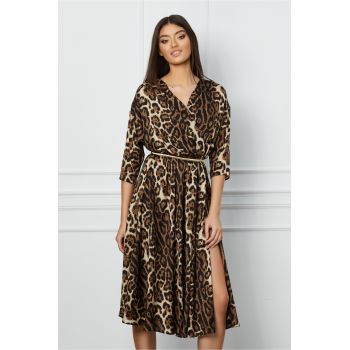 Rochie Dy Fashion maro cu animal print din satin cu elastic si curea in talie la reducere