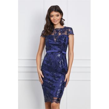 Rochie eleganta bleumarin din dantela si paiete ieftina
