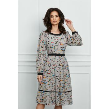 Rochie Dorina gri cu buline colorate si pliuri pe fusta