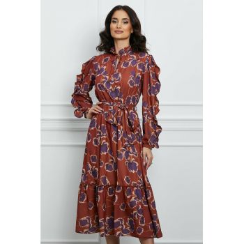 Rochie Dy Fashion maro cu imprimeu mov si cordon in talie