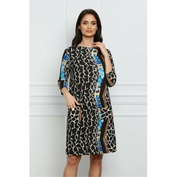 Rochie Dy Fashion neagra cu imprimeu bleu si buzunare