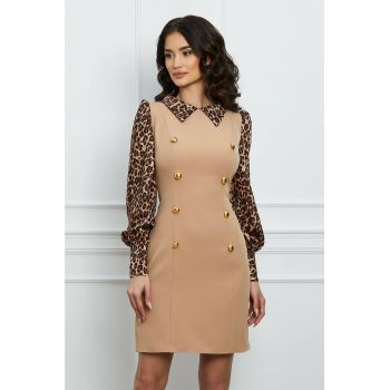 Rochie MBG bej cu animal print pe maneci si nasturi aurii