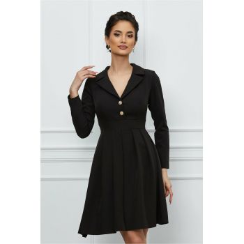 Rochie Moze neagra clos cu rever si nasturi la bust