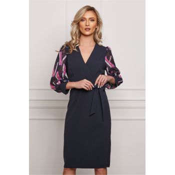 Rochie Nadia bleumarin cu imprimeu fucsia pe maneci si cordon in talie