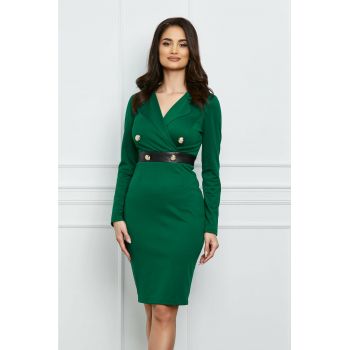 Rochie office verde cu nasturi si banda din piele ecologica in talie