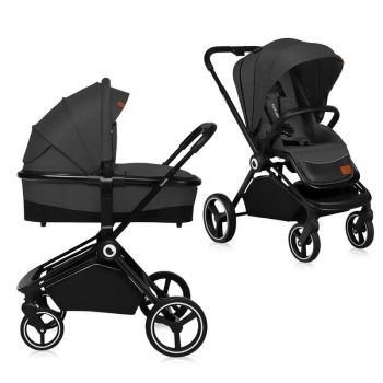 Carucior compact 2 in 1, Cadru Aluminiu, cu landou si salteluta, Reversibil, Husa de ploaie, Gri Inchis