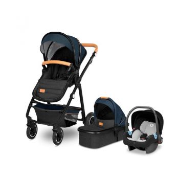 Carucior compact 3 in 1, Cadru Aluminiu, cu landou si salteluta, Scoica auto, Reversibil, Husa de ploaie, Albastru