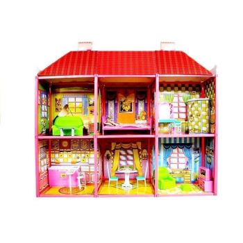 Jucarie casuta de papusi, pentru fetite, vila cu etaj si mobilier, LeanToys, 479
