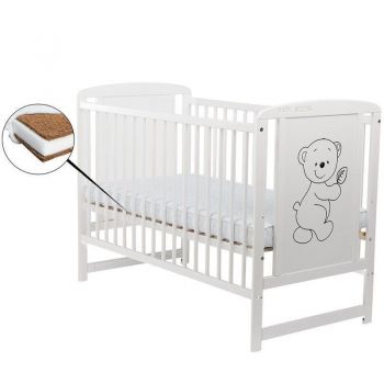 Patut lemn Timmi 120x60 cm, lemn, rezistent, saltea reglabila 3 nivele, Laterala, Alb + Saltea 8 cm
