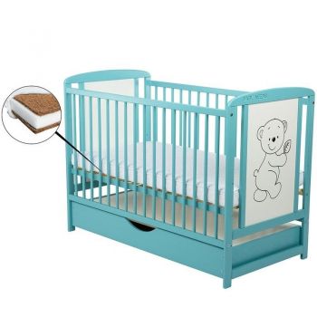 Patut lemn Timmi 120x60 cm, sertar, lemn, rezistent, saltea reglabila 3 nivele, Laterala, Mint + Saltea 10 cm