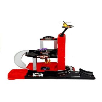 Pista auto cu parcare si lift, 4 masinute si un elicopter pentru copii, LeanToys, 4645