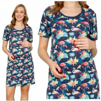 Qmini - Camasa de alaptat, XL, bumbac, Cu capse oblice, Flamingos