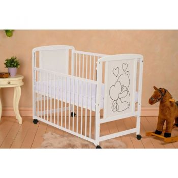 Qmini - Patut lemn Timmi Heart 120x60 cm, laterala culisanta, Cu roti, lemn, MDF, Somiera reglabila, Alb