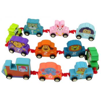 Trenulet din lemn pentru copii, locomotiva cu vagoane, animalute, 10125