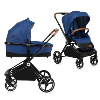 Carucior compact 2 in 1, Cadru Aluminiu, cu landou si salteluta, Reversibil, Husa de ploaie, Albastru