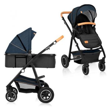Carucior compact 2 in 1, Cadru Aluminiu, cu landou si salteluta, Reversibil, Husa de ploaie, Geanta parinti, Albastru