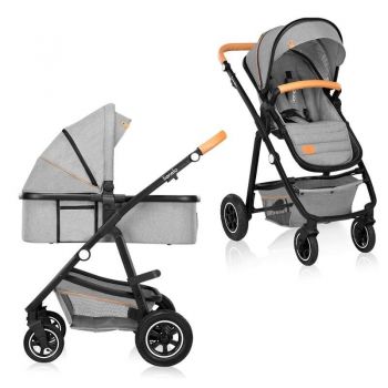 Carucior compact 2 in 1, Cadru Aluminiu, cu landou si salteluta, Reversibil, Husa de ploaie, Geanta parinti, Gri Deschis