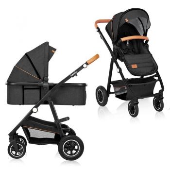 Carucior compact 2 in 1, Cadru Aluminiu, cu landou si salteluta, Reversibil, Husa de ploaie, Geanta parinti, Gri Inchis
