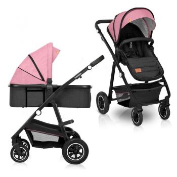 Carucior compact 2 in 1, Cadru Aluminiu, cu landou si salteluta, Reversibil, Husa de ploaie, Geanta parinti, Roz