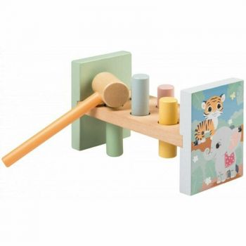 Joueco - Banc de lucru cu ciocanel, Familia Wildies, lemn certificat FSC, 26x12 cm, 12 luni+, 10 piese, Multicolor