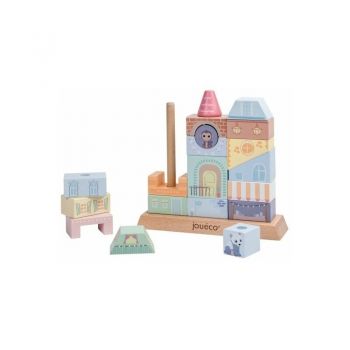 Joueco - Jucarie de stivuit Casute, Familia Wildies, lemn certificat FSC, 23x24 cm, 12 luni+, 20 piese, Multicolor