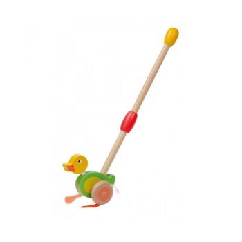 Joueco - Jucarie lemn Ratusca, De impins, Cu tija, 12 luni+, Multicolor