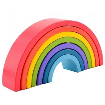 Joueco - Jucarie pentru stivuire lemn certificat FSC, Curcubeu, 27x13.5 cm, 12 luni+, 7 piese, Multicolor