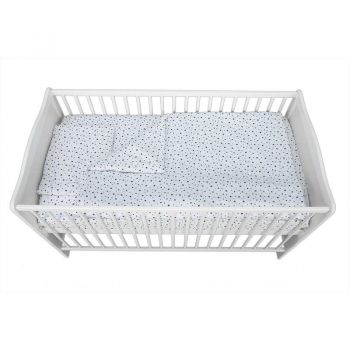 Lenjerie patut 3 piese, Cu pernuta, Plapumioara, Cearceaf, bumbac, patut 140x70 cm, Alb cu stelute albastre