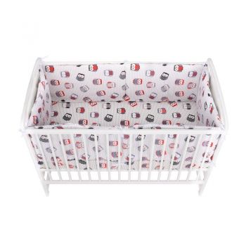 Lenjerie patut 3 piese, doua protectii laterale, Cerceaf, bumbac, patut 120x60 cm, Bufnite, Gri-Rosu