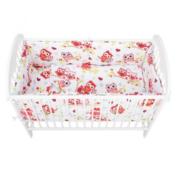 Lenjerie patut 5 piese, doua protectii laterale, Pernuta, Plapumioara, Cearceaf, bumbac, patut 120x60 cm, Bufnite, Rosu