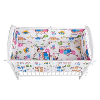 Lenjerie patut 5 piese, doua protectii laterale, Pernuta, Plapumioara, Cearceaf, bumbac, patut 120x60 cm, Bufnitele vesele