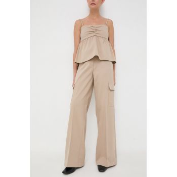 Notes du Nord pantaloni Inessa femei, culoarea bej, drept, high waist