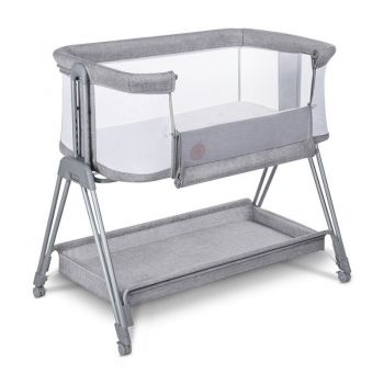 Patut co-sleeper Luna, 2 in 1, laterala culisanta, Cu setare unghiulara, Cu roti, Reglabil in 6 pozitii pe inaltime, Gri deschis