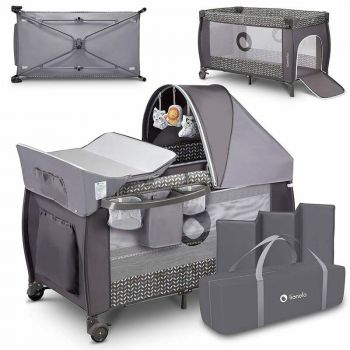 Patut pliant cu doua nivele Sven Plus, 120x60 cm, arcada jucarii, masuta de infasat, vibratii, melodii,Grey Scandi