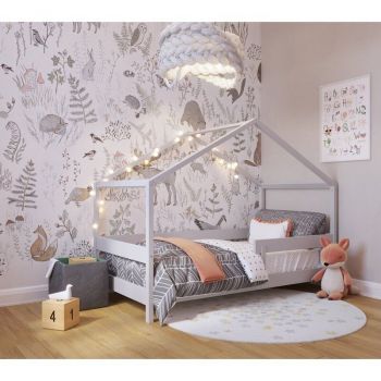 Patut tip casuta Bed lemn certificat FSC, Transformabil in casuta de joaca, Cu bariera de protectie, 160x80 cm, Gri