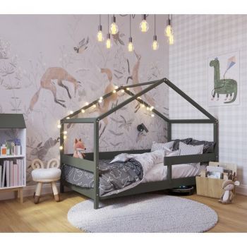 Patut tip casuta Bed lemn certificat FSC, Transformabil in casuta de joaca, Cu bariera de protectie, 160x80 cm, Verde