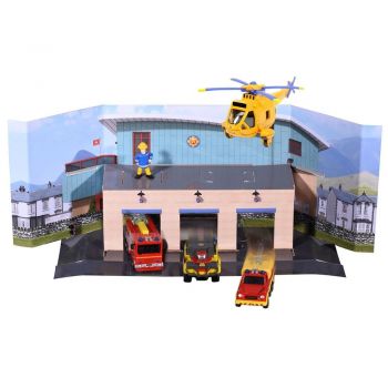 Pista de masini Dickie Toys Fireman Sam Rescue Team  Fire cu 3 masinute, 1 elicopter, figurina
