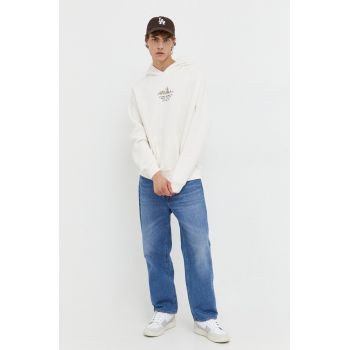 Abercrombie & Fitch bluza barbati, culoarea bej, cu glugă, cu imprimeu
