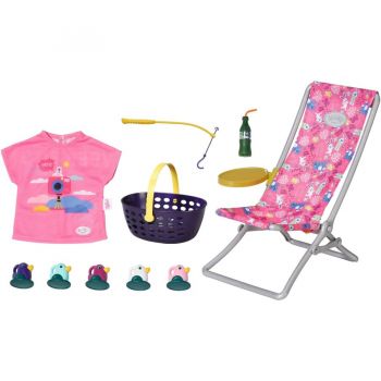 ZAPF Creation BABY born Weekend Fishing, doll accessories (dress, deck chair with table, soda bottle, basket, 5 ducks and rod)