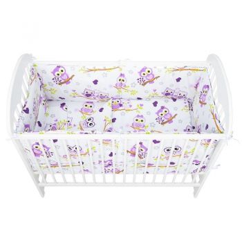 Lenjerie patut 5 piese, doua protectii laterale, Pernuta, Plapumioara, Cearceaf, bumbac, patut 120x60 cm, Bufnite, Mov