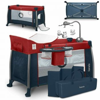 Patut pliant cu doua nivele Thomi Cu carusel, Cu masuta de infasat, Cu buzunare pentru accesorii, 120x60 cm, Burgundy Blue