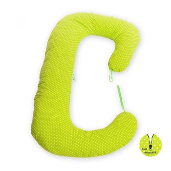 Perna 3 in 1 pentru gravide si bebelusi Soft Plus, Cu husa detasabila bumbac, Bulinute mici alb cu verde