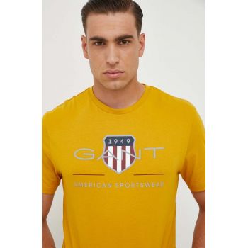 Gant tricou din bumbac culoarea galben, cu imprimeu ieftin