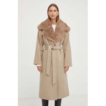 Bruuns Bazaar palton din lana culoarea bej, de tranzitie, oversize de firma original