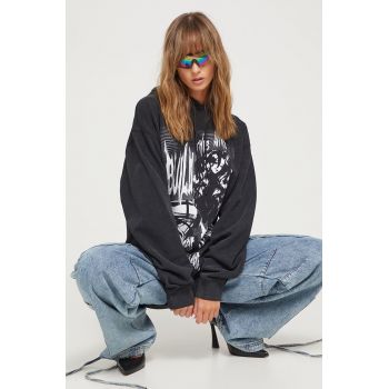 HUGO bluza femei, culoarea negru, cu glugă, cu imprimeu