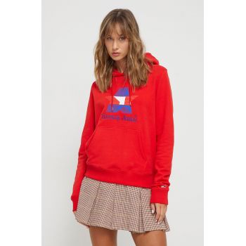 Tommy Jeans hanorac de bumbac femei, culoarea rosu, cu glugă, cu imprimeu