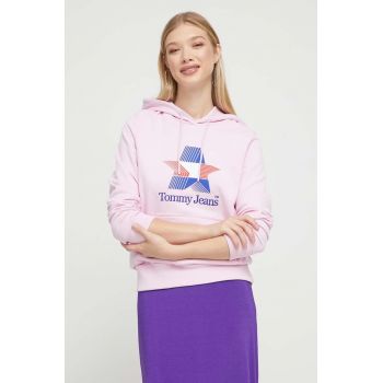 Tommy Jeans hanorac de bumbac femei, culoarea roz, cu glugă, cu imprimeu de firma original